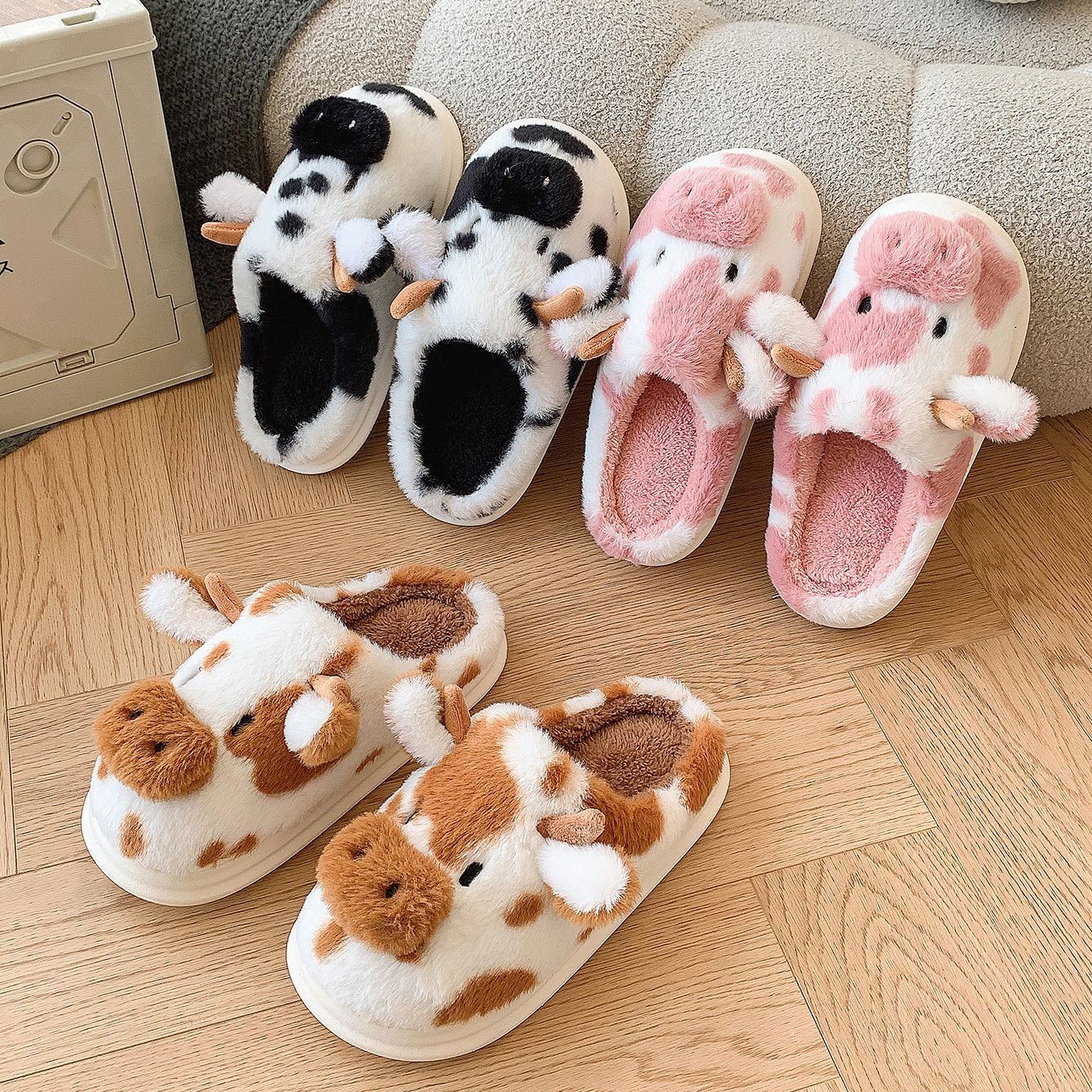 Cute Cow Plush Slippers – Warm, Fuzzy, Non-Slip Indoor Shoes for Winter Comfort